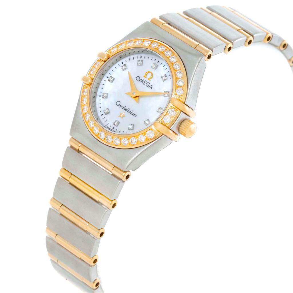 The Omega 1267.75.00 Women's Steel and Gold (two tone) Mother of Pearl Dial 1267.75.00 Women's Steel and Gold (two tone) Mother of Pearl Dial Constellation Mini Mother of Pearl Diamond Watch 1267.75.00 is shown at an angle highlighting the face, bezel, and part of the band.