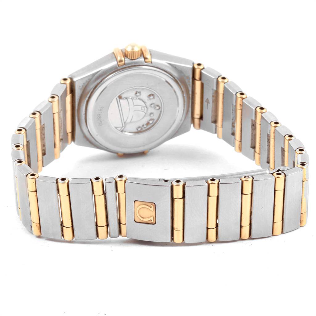 The image shows the back view of the Omega 1267.75.00 Women's Steel and Gold (two tone) Mother of Pearl Dial 1267.75.00 Women's Steel and Gold (two tone) Mother of Pearl Dial Constellation Mini Mother of Pearl Diamond Watch 1267.75.00, highlighting the bracelet and clasp.
