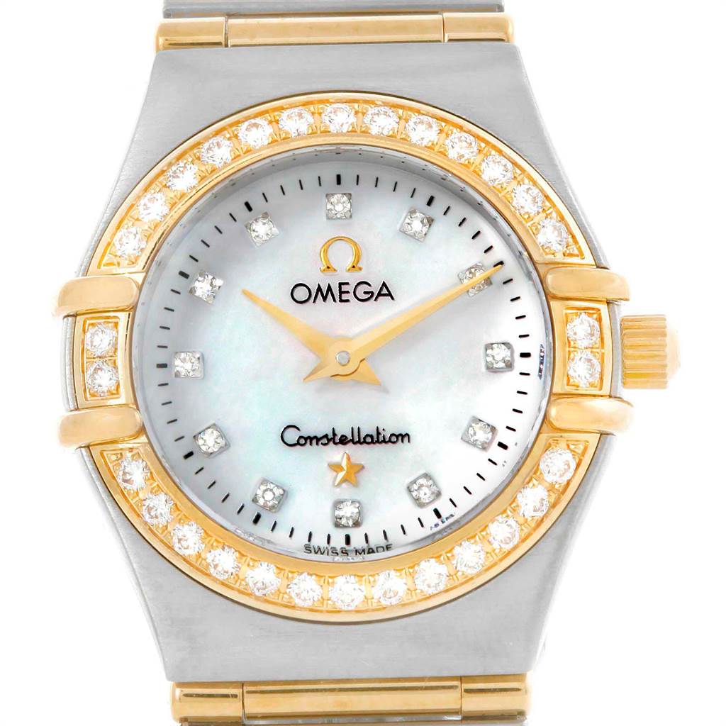 This image shows the Omega 1267.75.00 Women's Steel and Gold (two tone) Mother of Pearl Dial 1267.75.00 Women's Steel and Gold (two tone) Mother of Pearl Dial Constellation Mini Mother of Pearl Diamond Watch 1267.75.00 from a top-down view, highlighting the dial, bezel, and bracelet.