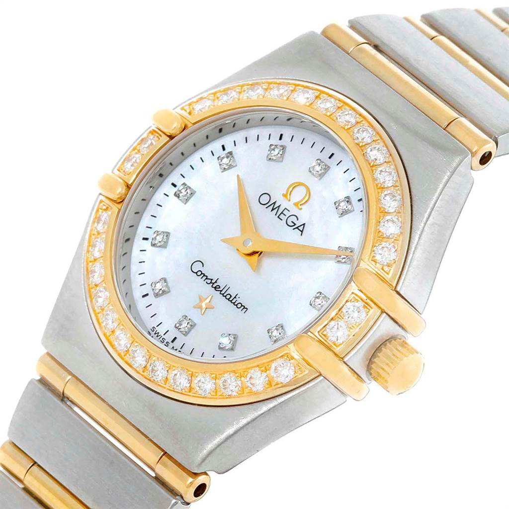 The image shows an angled close-up of the dial and bracelet of the Omega 1267.75.00 Women's Steel and Gold (two tone) Mother of Pearl Dial 1267.75.00 Women's Steel and Gold (two tone) Mother of Pearl Dial Constellation Mini Mother of Pearl Diamond Watch 1267.75.00.