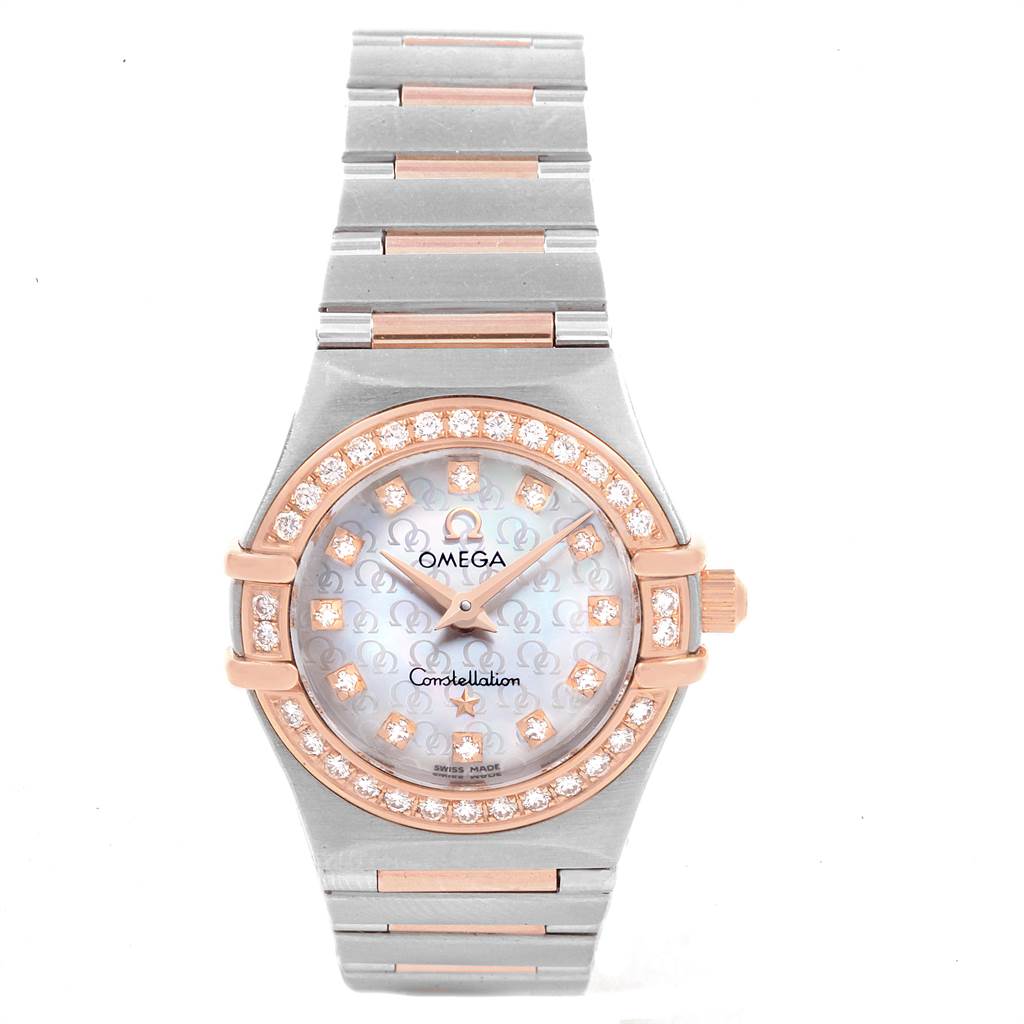 The Omega 1360.75.00 Women's Steel and Gold (two tone) Mother of Pearl Dial 1360.75.00 Women's Steel and Gold (two tone) Mother of Pearl Dial Constellation 95 MOP Diamond Steel Rose Gold Ladies Watch model 1360.75.00 is shown from the front, displaying its face, bezel, and bracelet.
