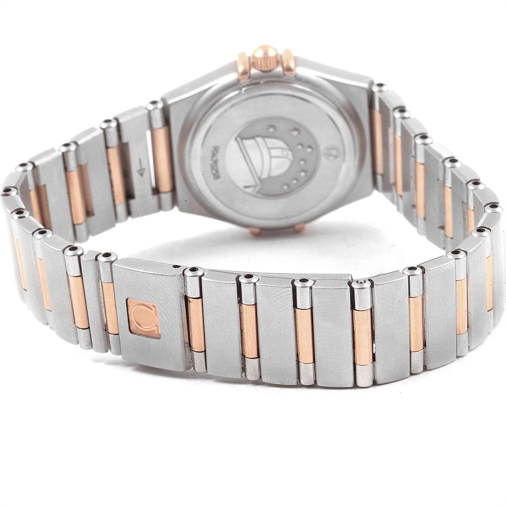 The image shows the rear view and bracelet of the Omega 1360.75.00 Women's Steel and Gold (two tone) Mother of Pearl Dial 1360.75.00 Women's Steel and Gold (two tone) Mother of Pearl Dial Constellation 95 MOP Diamond Steel Rose Gold Ladies Watch 1360.75.00.