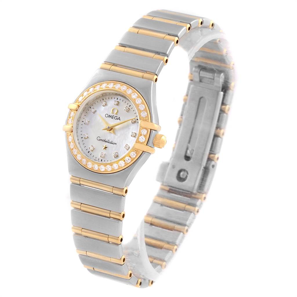 The Omega 1267.75.00 Women's Steel and Gold (two tone) Mother of Pearl Dial 1267.75.00 Women's Steel and Gold (two tone) Mother of Pearl Dial Constellation Mini Mother of Pearl Diamond Watch 1267.75.00 is shown from a slightly angled front view, clearly displaying the dial, bezel, and strap.