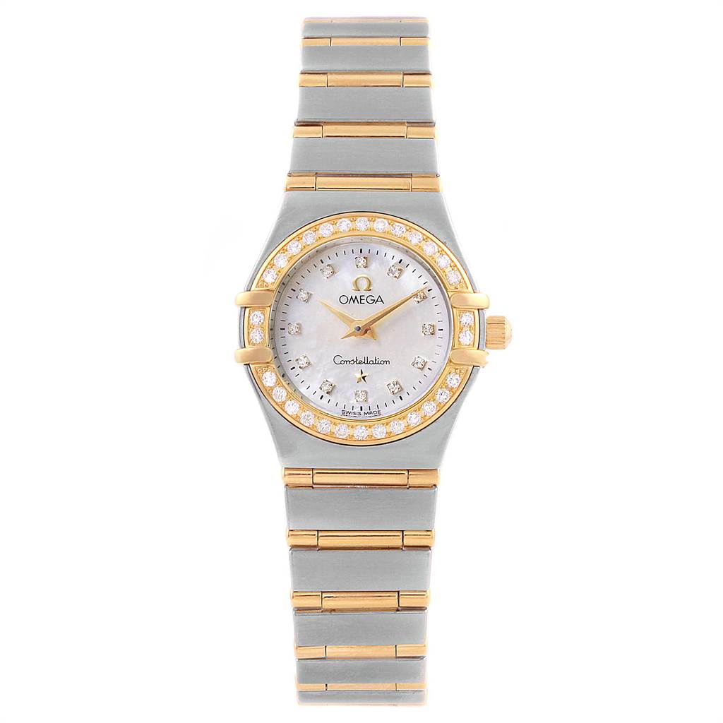 The image shows the front view of the Omega 1267.75.00 Women's Steel and Gold (two tone) Mother of Pearl Dial 1267.75.00 Women's Steel and Gold (two tone) Mother of Pearl Dial Constellation Mini Mother of Pearl Diamond Watch 1267.75.00, highlighting its bracelet and diamond bezel.