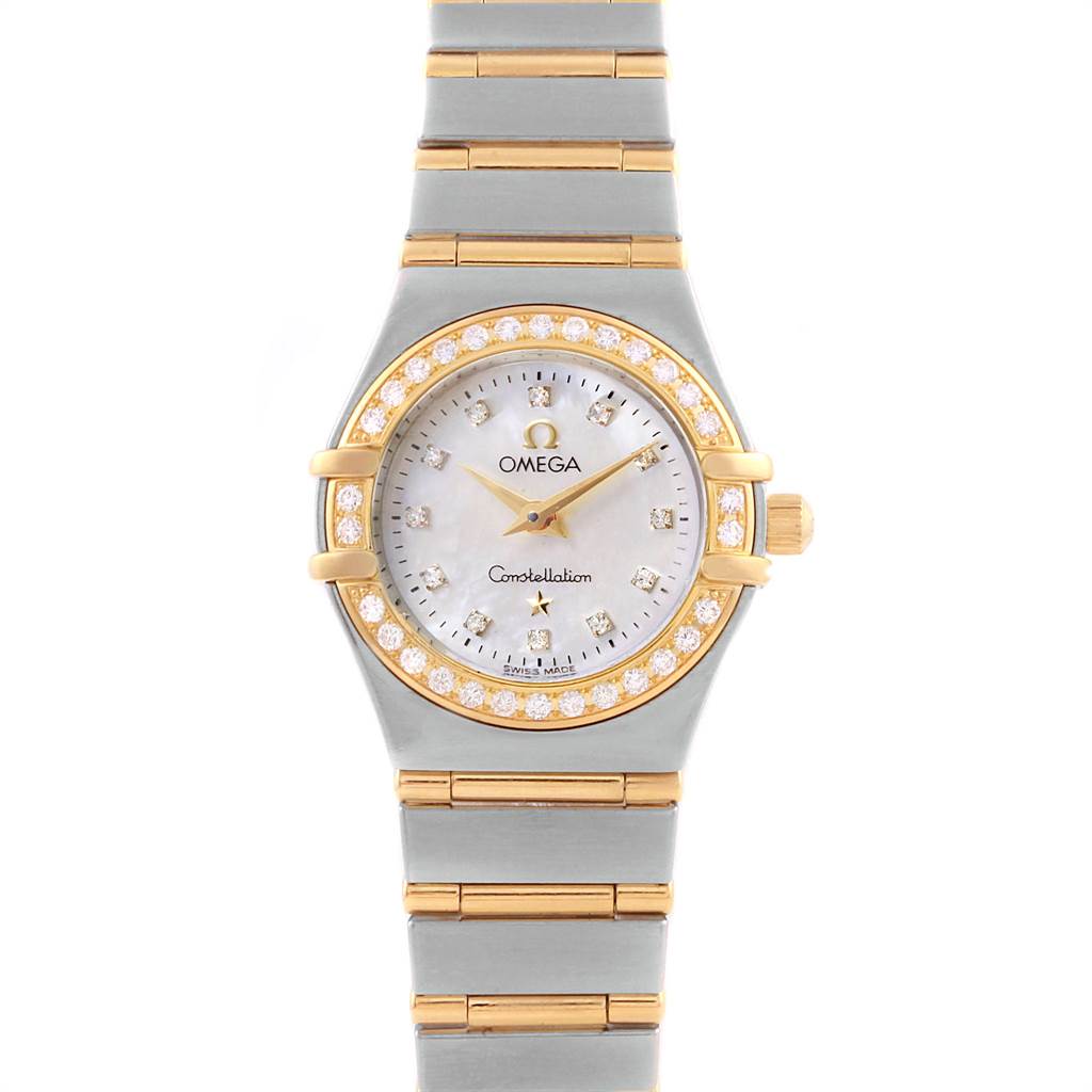 This is a front view of the Omega 1267.75.00 Women's Steel and Gold (two tone) Mother of Pearl Dial 1267.75.00 Women's Steel and Gold (two tone) Mother of Pearl Dial Constellation Mini Mother of Pearl Diamond Watch 1267.75.00, showing the face, bezel, and bracelet.
