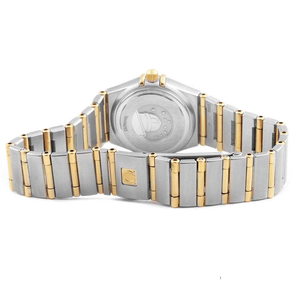 The image shows the back and bracelet of the Omega 1267.75.00 Women's Steel and Gold (two tone) Mother of Pearl Dial 1267.75.00 Women's Steel and Gold (two tone) Mother of Pearl Dial Constellation Mini Mother of Pearl Diamond Watch 1267.75.00.