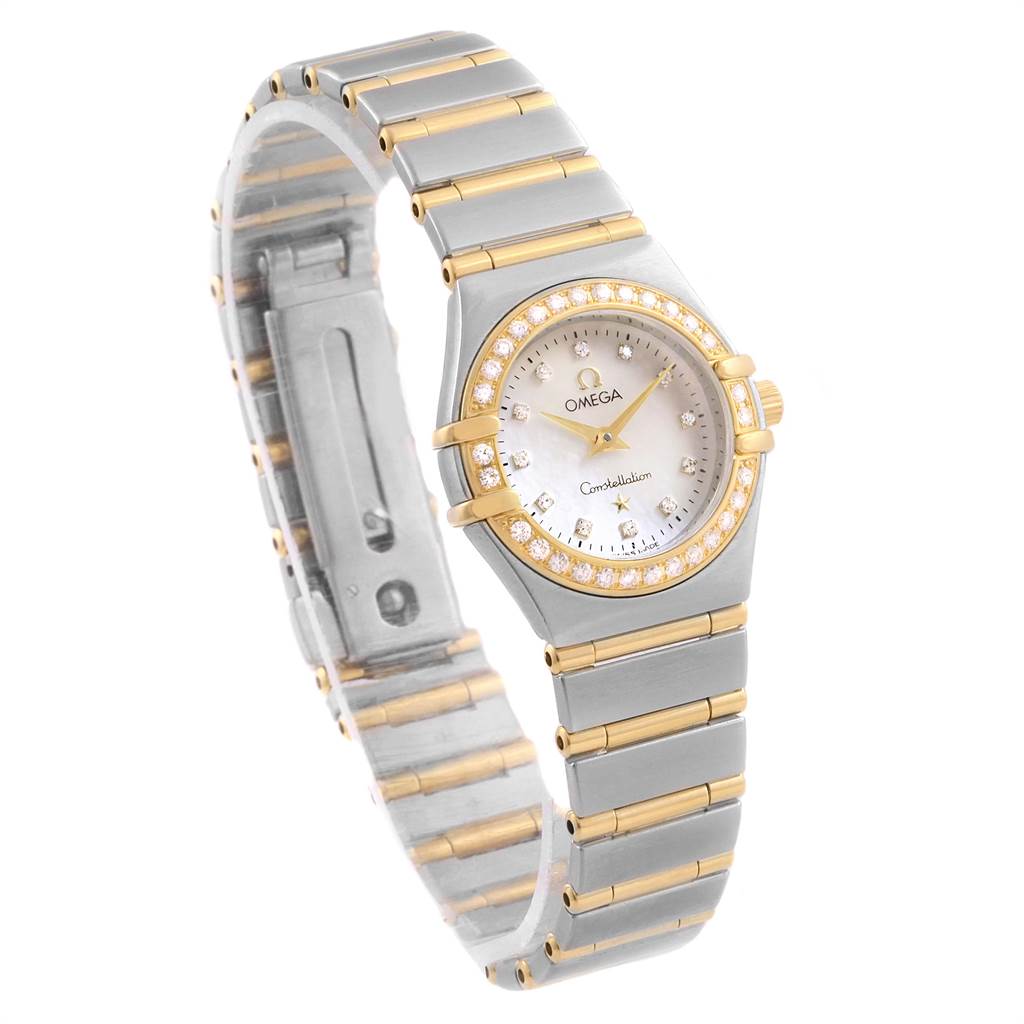 The image shows the front and part of the bracelet of the Omega 1267.75.00 Women's Steel and Gold (two tone) Mother of Pearl Dial 1267.75.00 Women's Steel and Gold (two tone) Mother of Pearl Dial Constellation Mini Mother of Pearl Diamond Watch 1267.75.00.