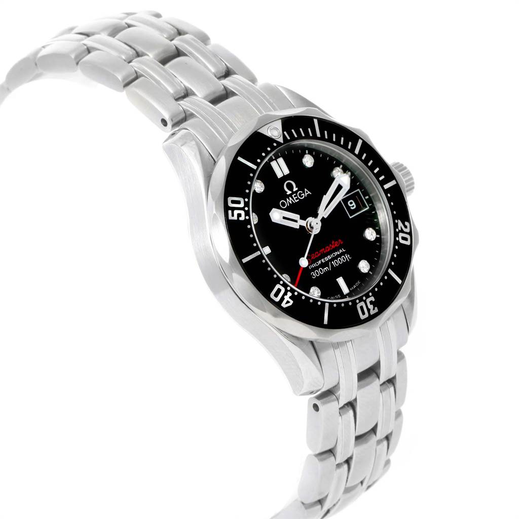 The Omega 212.30.28.61.51.001 Women's Stainless Steel Black Dial 212.30.28.61.51.001 Women's Stainless Steel Black Dial Seamaster Diamond Ladies Watch 212.30.28.61.51.001 is shown at a three-quarter angle, highlighting the bracelet, case, and bezel.