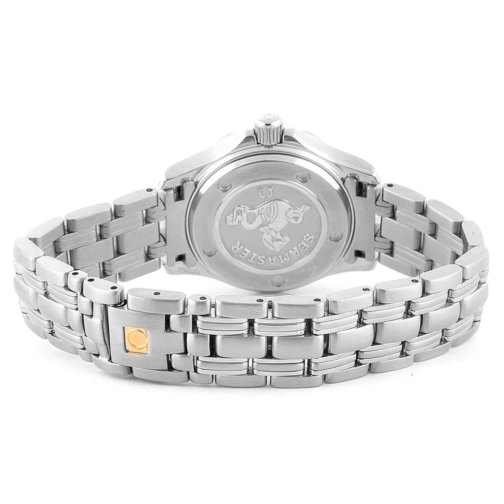 The image shows the back view and bracelet of the Omega 212.30.28.61.51.001 Women's Stainless Steel Black Dial 212.30.28.61.51.001 Women's Stainless Steel Black Dial Seamaster Diamond Ladies Watch model 212.30.28.61.51.001.