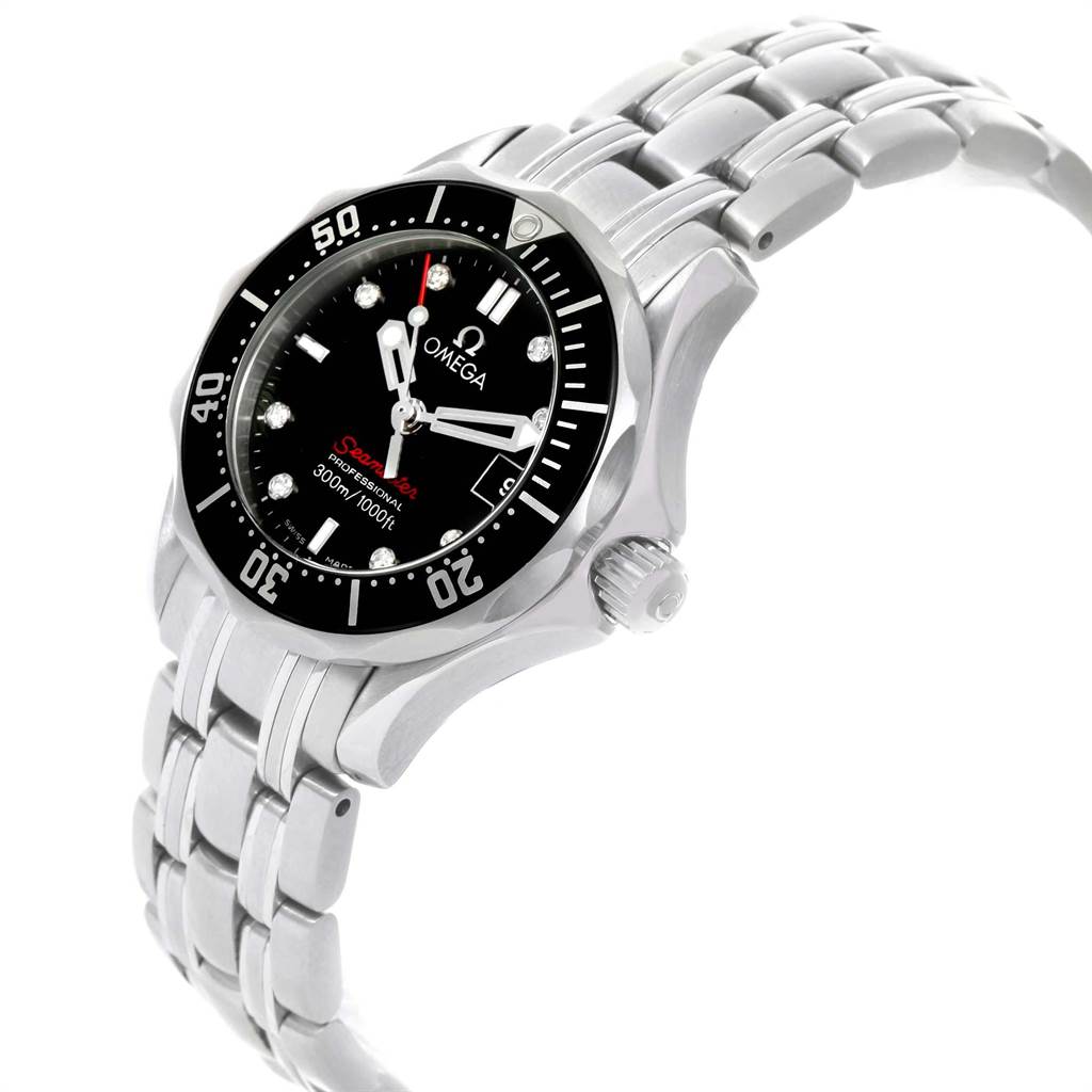 The Omega 212.30.28.61.51.001 Women's Stainless Steel Black Dial 212.30.28.61.51.001 Women's Stainless Steel Black Dial Seamaster Diamond Ladies Watch 212.30.28.61.51.001 is shown at an angled side view, displaying the face, bezel, crown, and bracelet.