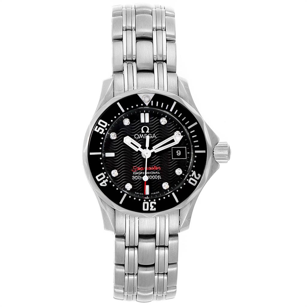 The Omega 212.30.28.61.51.001 Women's Stainless Steel Black Dial 212.30.28.61.51.001 Women's Stainless Steel Black Dial Seamaster Diamond Ladies Watch 212.30.28.61.51.001 is shown from a top-down angle, displaying the entire watch face and bracelet.