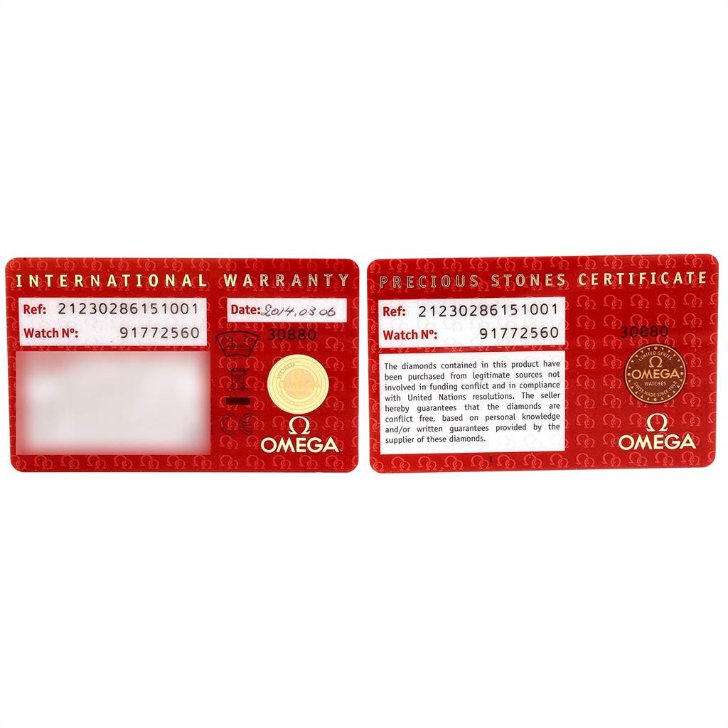 The image shows the International Warranty and Precious Stones Certificate cards for the Omega 212.30.28.61.51.001 Women's Stainless Steel Black Dial 212.30.28.61.51.001 Women's Stainless Steel Black Dial Seamaster Diamond Ladies Watch model 212.30.28.61.51.001.