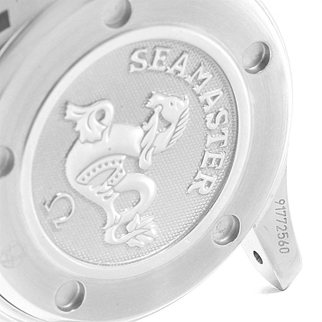 This image shows the engraved case back with the "Seamaster" insignia and partial serial number of the Omega 212.30.28.61.51.001 Women's Stainless Steel Black Dial 212.30.28.61.51.001 Women's Stainless Steel Black Dial Seamaster Diamond Ladies Watch 212.30.28.61.51.001.