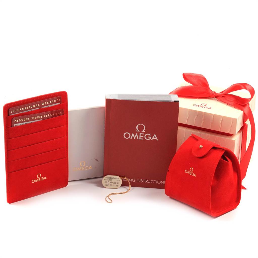 This image shows the packaging and accessories for the Omega 212.30.28.61.51.001 Women's Stainless Steel Black Dial 212.30.28.61.51.001 Women's Stainless Steel Black Dial Seamaster Diamond Ladies Watch 212.30.28.61.51.001, including warranty cards, manuals, and a red velvet pouch.