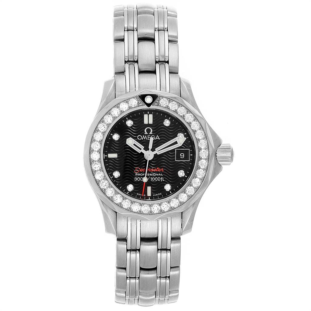 This image shows a front view of the Omega 212.15.28.61.51.001 Women's Stainless Steel Black Dial 212.15.28.61.51.001 Women's Stainless Steel Black Dial Seamaster 300m Diamond Ladies Watch 212.15.28.61.51.001, displaying its face and bracelet.