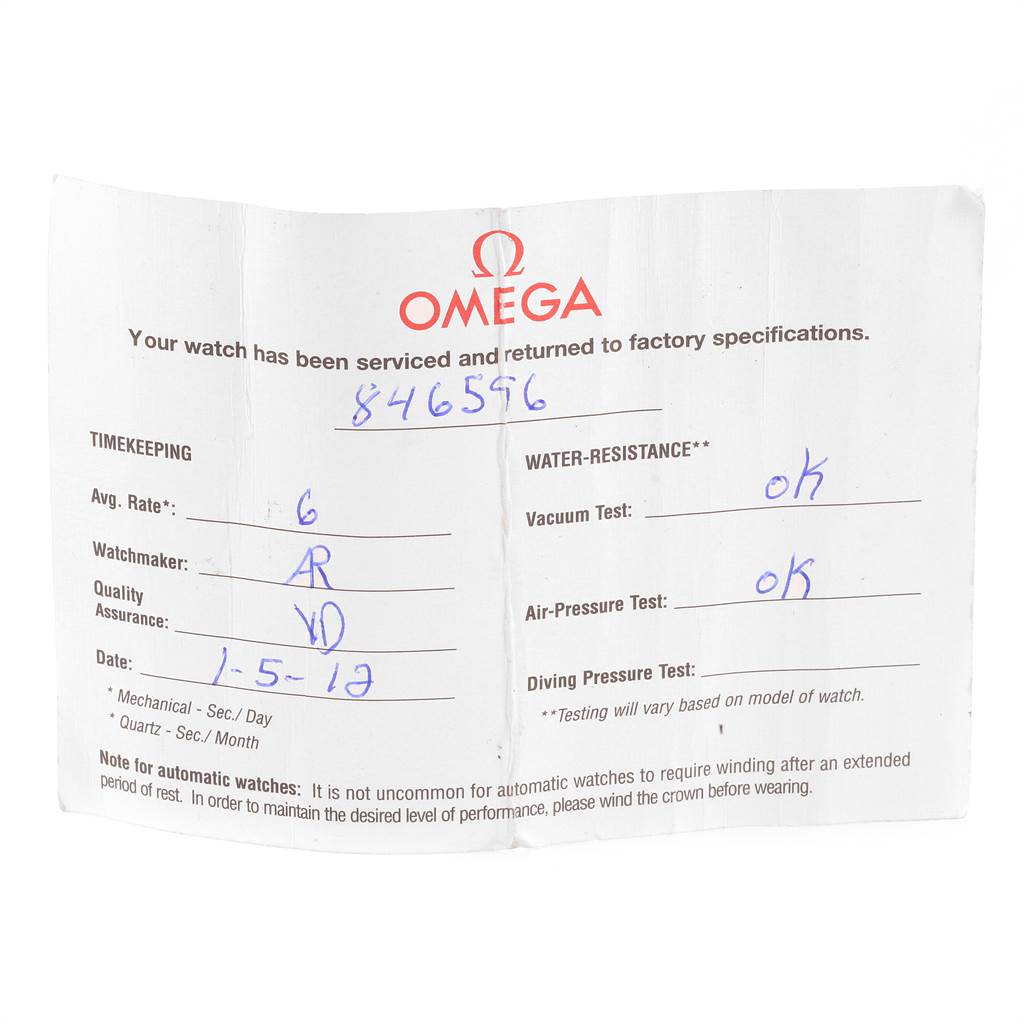 This image shows a service card for the Omega 1277.75.00 Women's Steel and Gold (two tone) Mother of Pearl Dial 1277.75.00 Women's Steel and Gold (two tone) Mother of Pearl Dial Constellation 95 Steel Yellow Gold MOP Diamond Watch 1277.75.00.