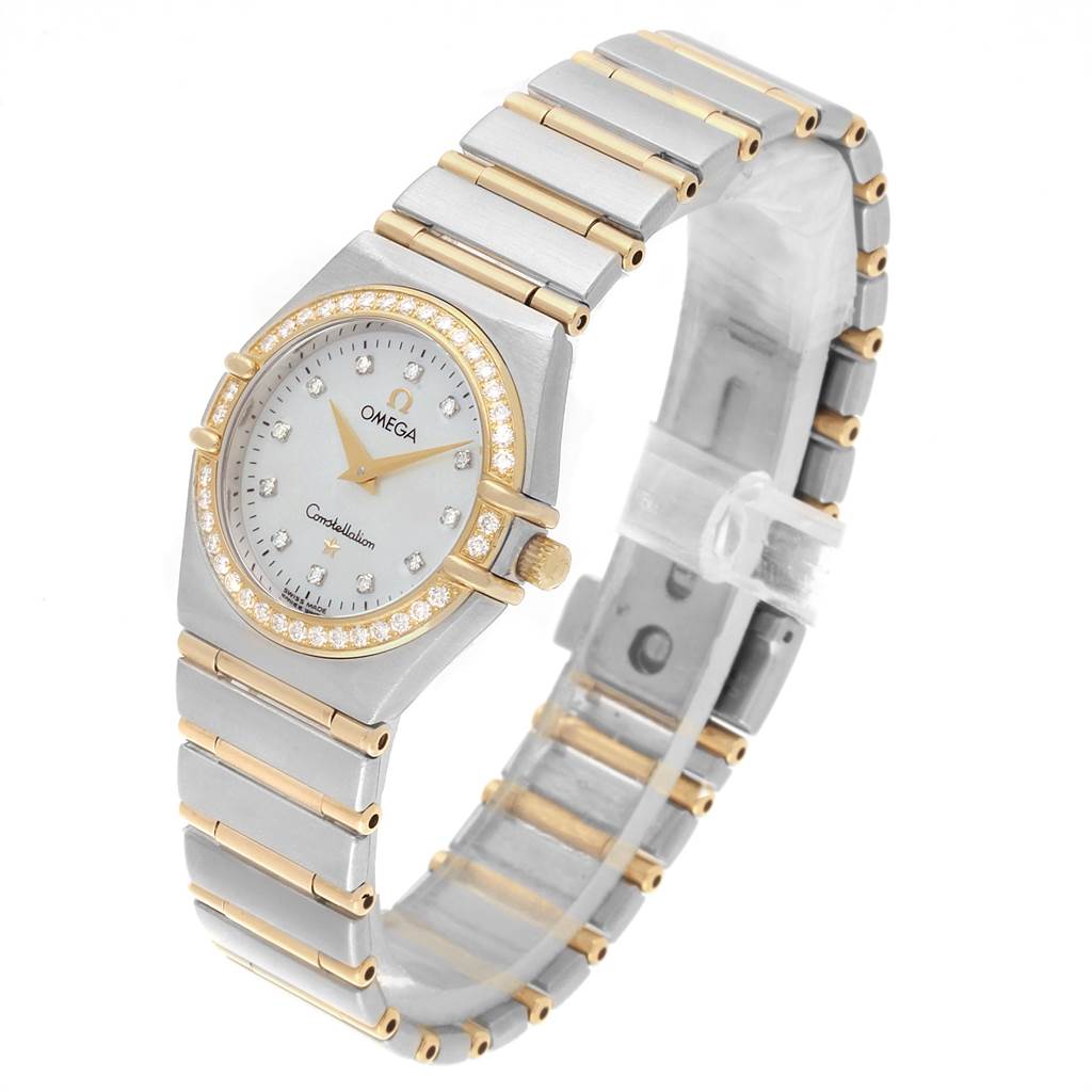 The image shows an Omega 1277.75.00 Women's Steel and Gold (two tone) Mother of Pearl Dial 1277.75.00 Women's Steel and Gold (two tone) Mother of Pearl Dial Constellation 95 Steel Yellow Gold MOP Diamond Watch 1277.75.00 angled to display the face and bracelet.