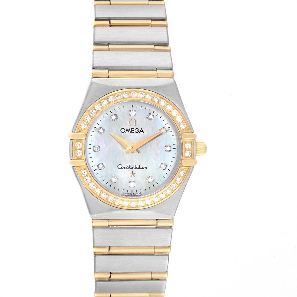 The image shows a front view of the Omega 1277.75.00 Women's Steel and Gold (two tone) Mother of Pearl Dial 1277.75.00 Women's Steel and Gold (two tone) Mother of Pearl Dial Constellation 95 Steel Yellow Gold MOP Diamond Watch 1277.75.00.