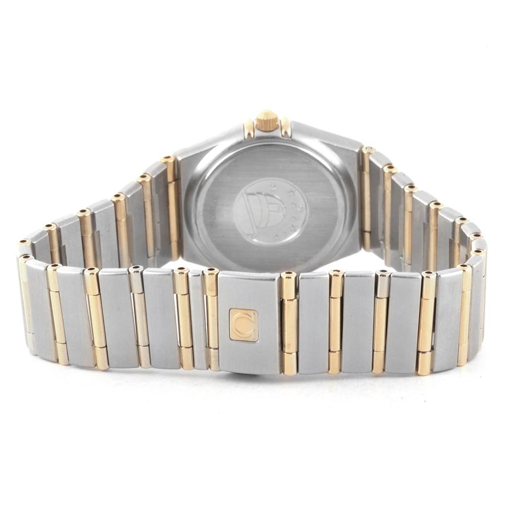 The image shows the back and bracelet of the Omega 1277.75.00 Women's Steel and Gold (two tone) Mother of Pearl Dial 1277.75.00 Women's Steel and Gold (two tone) Mother of Pearl Dial Constellation 95 Steel Yellow Gold MOP Diamond Watch 1277.75.00.