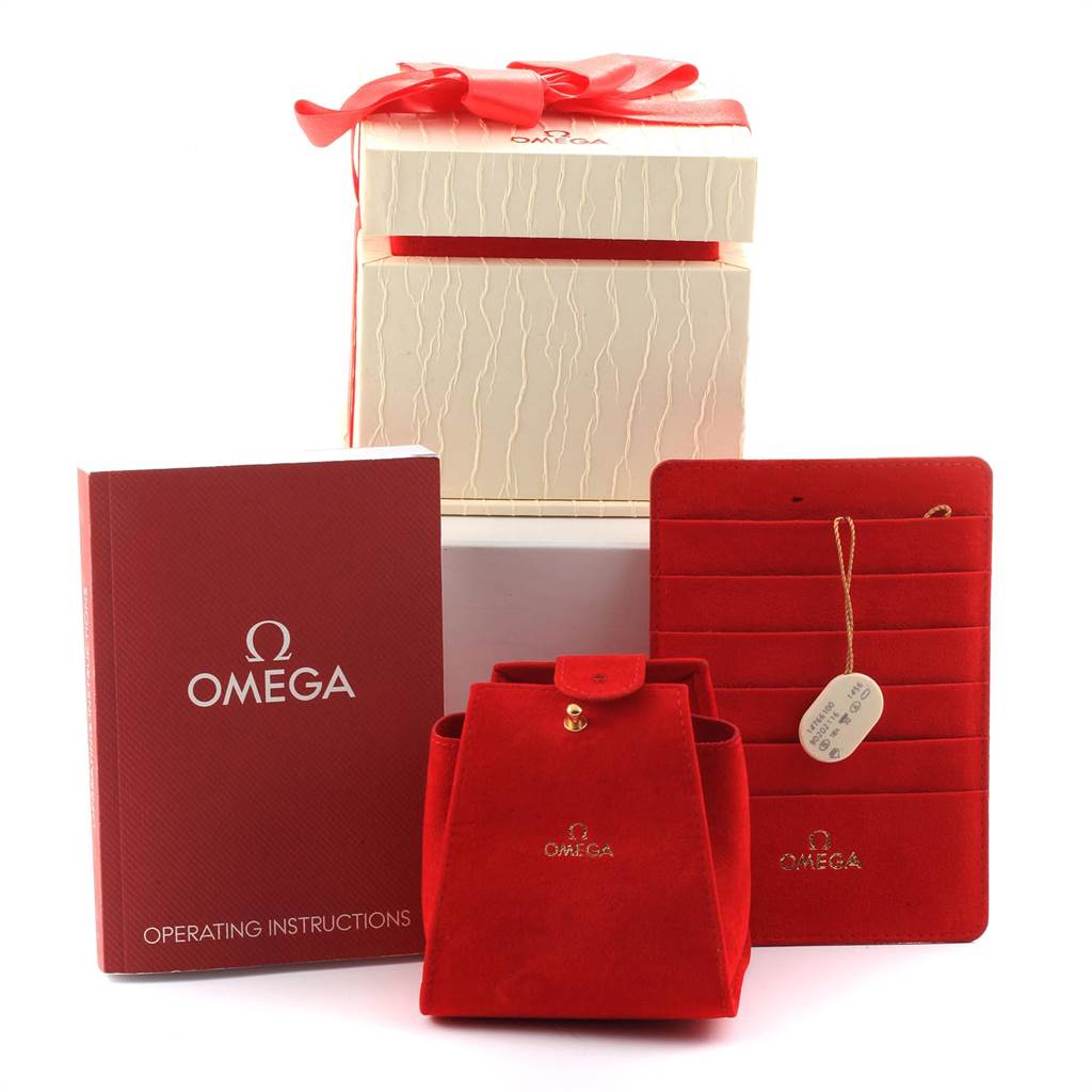 The image shows the packaging and accessories for the Omega 1365.79.00 Women's Steel and Gold (two tone) Mother of Pearl Dial 1365.79.00 Women's Steel and Gold (two tone) Mother of Pearl Dial Constellation Iris Steel Yellow Gold Rainbow Multi Stone Watch 1365.79.00.