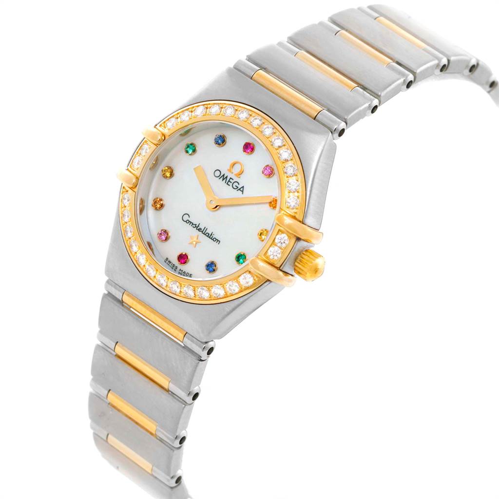 The Omega 1365.79.00 Women's Steel and Gold (two tone) Mother of Pearl Dial 1365.79.00 Women's Steel and Gold (two tone) Mother of Pearl Dial Constellation Iris Steel Yellow Gold Rainbow Multi Stone Watch 1365.79.00 is shown at a slight angle, highlighting the face and band.