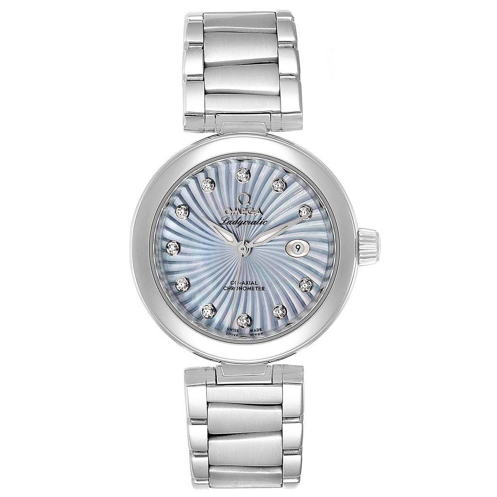 The DeVille Ladymatic Blue MOP Diamond Ladies Watch by Omega 425.30.34.20.57.002 Women's Stainless Steel Mother of Pearl Dial 425.30.34.20.57.002 Women's Stainless Steel Mother of Pearl Dial is shown from a top-down angle, highlighting its dial, bracelet, and crown.