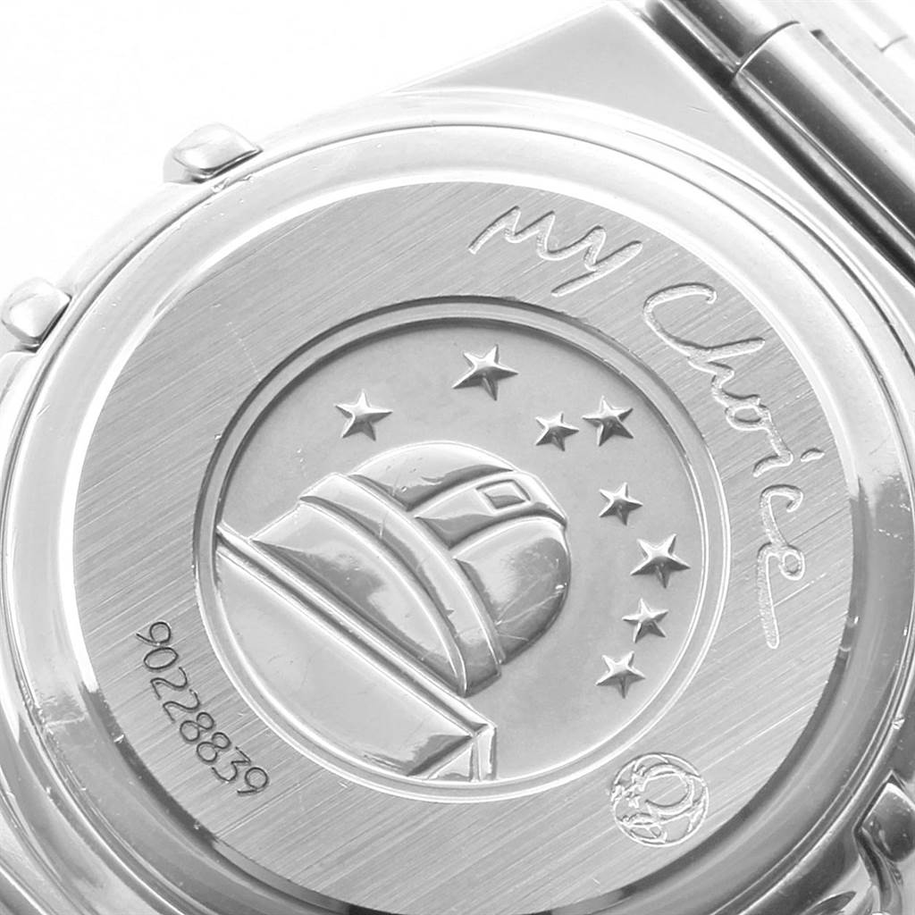 This image shows the back case of the Omega 1465.51.00 Women's Stainless Steel Black Dial 1465.51.00 Women's Stainless Steel Black Dial Constellation My Choice Mini Ladies Diamond Watch 1465.51.00.