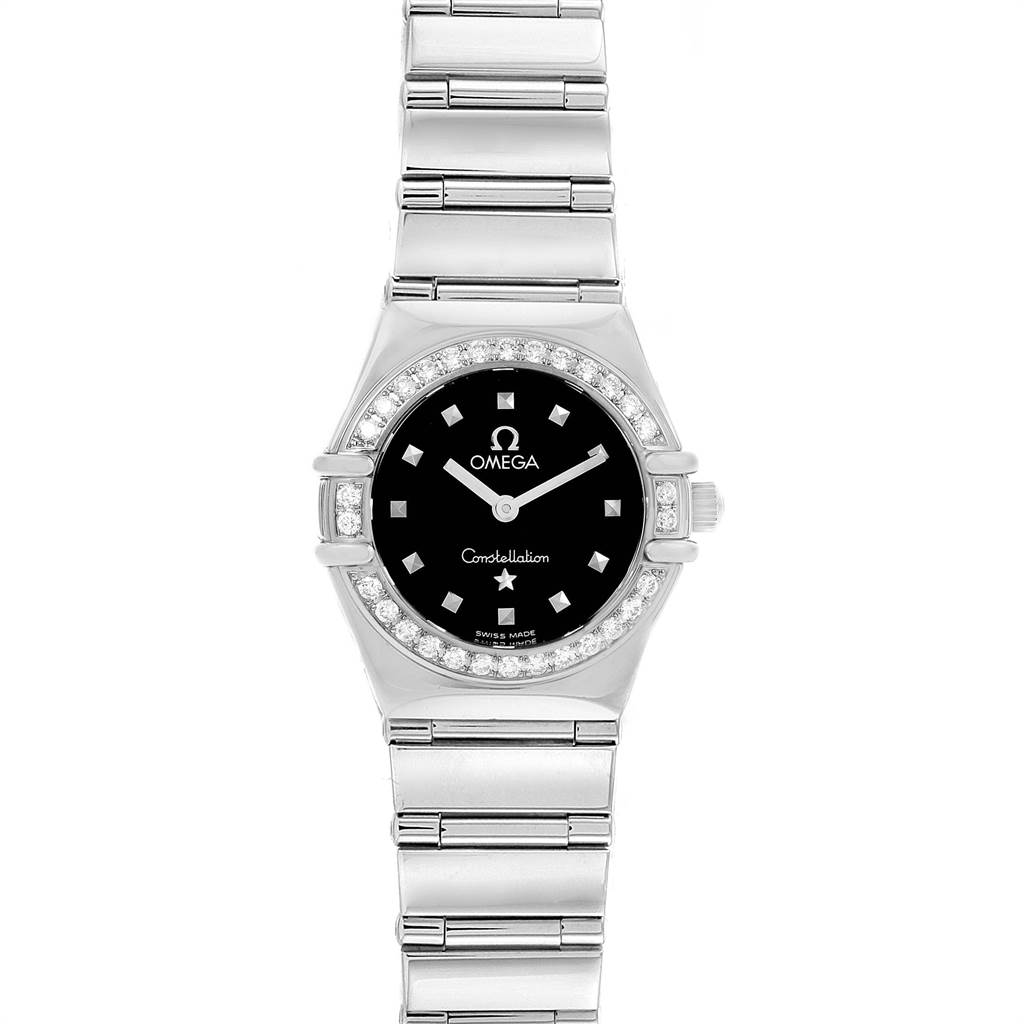 The Omega 1465.51.00 Women's Stainless Steel Black Dial 1465.51.00 Women's Stainless Steel Black Dial Constellation My Choice Mini Ladies Diamond Watch 1465.51.00 is shown from a front angle, highlighting its face, bezel, and bracelet.