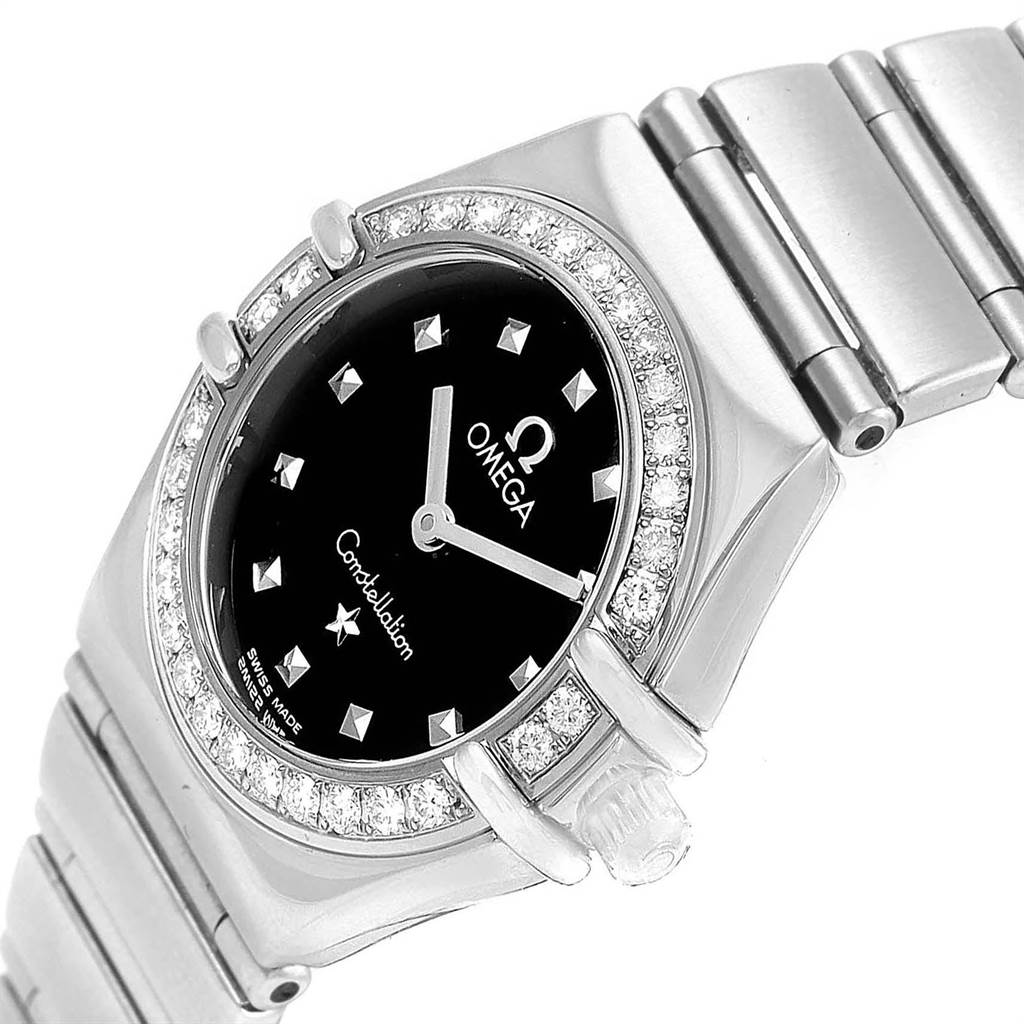 The image shows an angled view of the Omega 1465.51.00 Women's Stainless Steel Black Dial 1465.51.00 Women's Stainless Steel Black Dial Constellation My Choice Mini Ladies Diamond Watch 1465.51.00, detailing its bezel, dial, and bracelet.