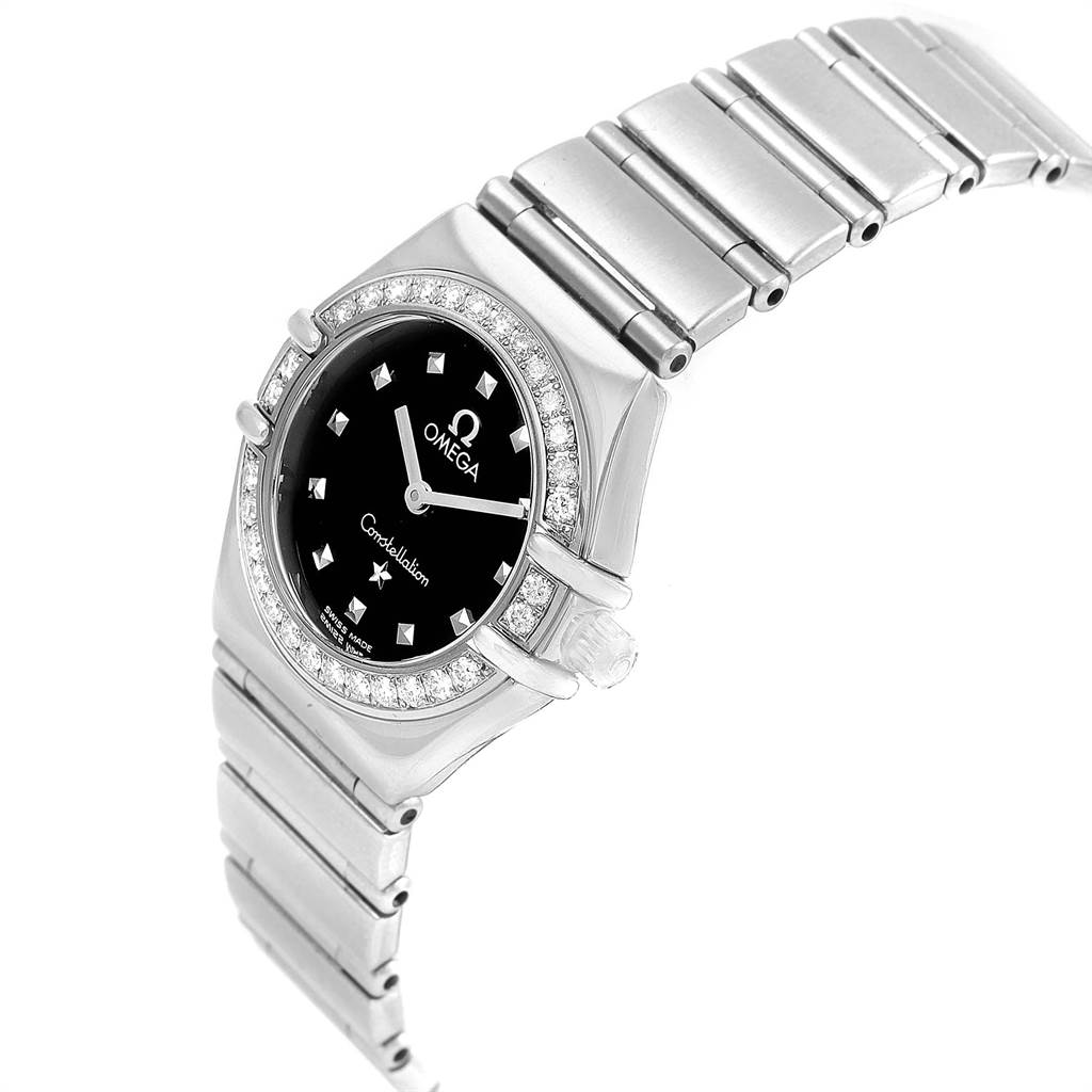 The image displays an angled view of an Omega 1465.51.00 Women's Stainless Steel Black Dial 1465.51.00 Women's Stainless Steel Black Dial Constellation My Choice Mini Ladies Diamond Watch 1465.51.00, showing the face, bezel, and strap.