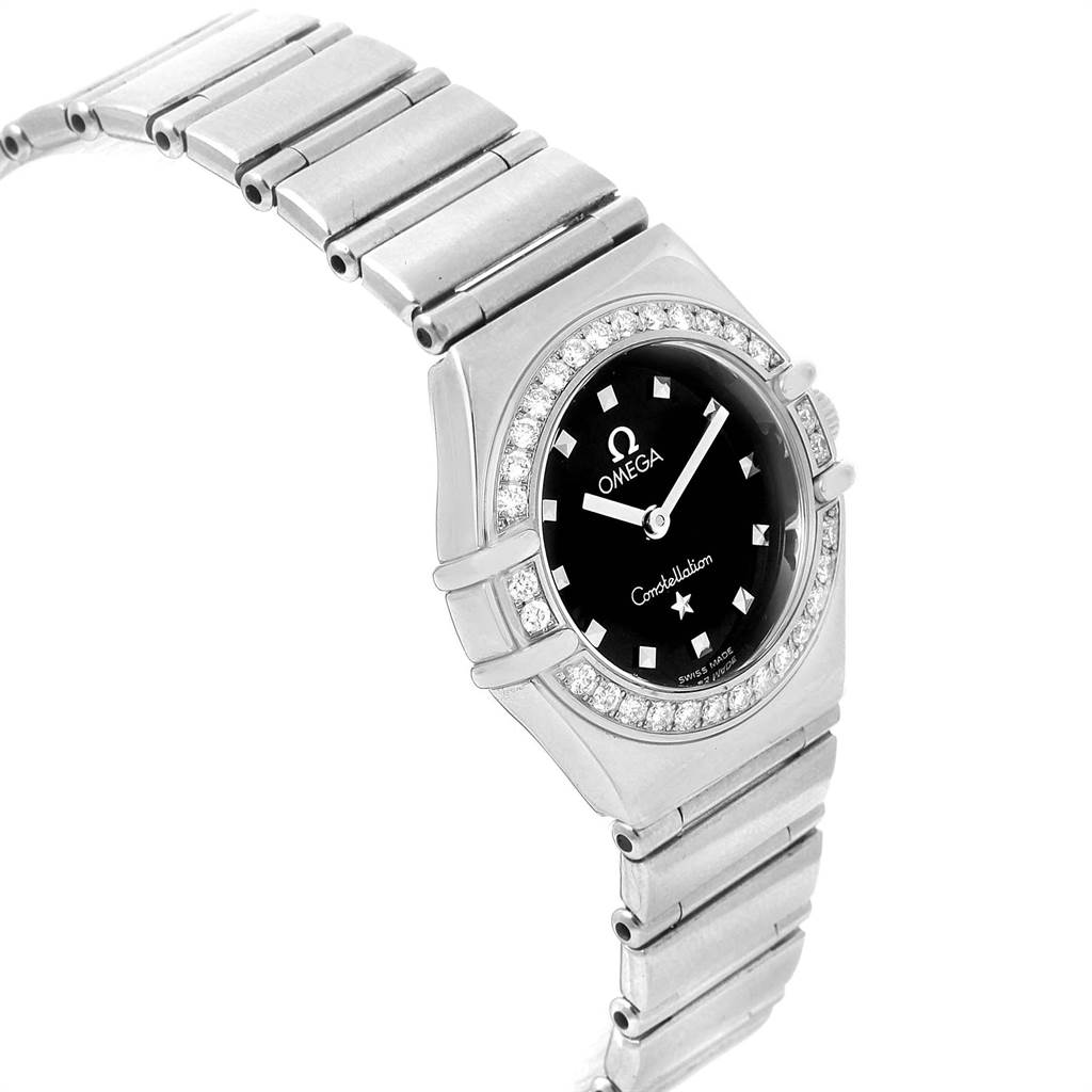 The image shows an angled view of the Omega 1465.51.00 Women's Stainless Steel Black Dial 1465.51.00 Women's Stainless Steel Black Dial Constellation My Choice Mini Ladies Diamond Watch 1465.51.00, highlighting the face and bracelet.