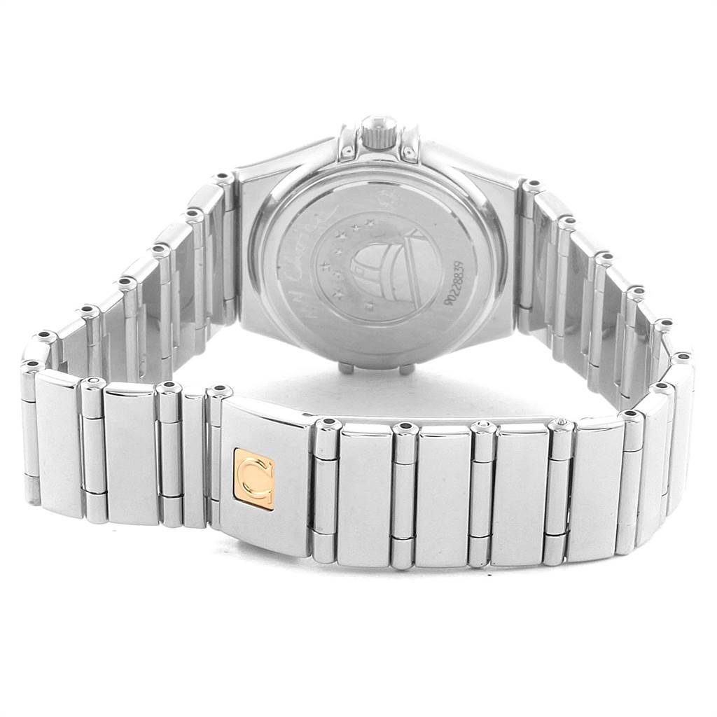 The image shows the back and bracelet of the Omega 1465.51.00 Women's Stainless Steel Black Dial 1465.51.00 Women's Stainless Steel Black Dial Constellation My Choice Mini Ladies Diamond Watch 1465.51.00 at a slight angle.