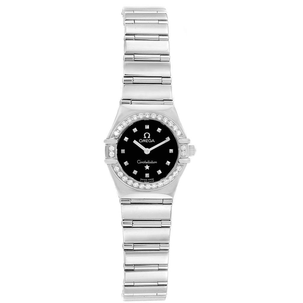 The image shows a front view of the Omega 1465.51.00 Women's Stainless Steel Black Dial 1465.51.00 Women's Stainless Steel Black Dial Constellation My Choice Mini Ladies Diamond Watch 1465.51.00, displaying its dial and bracelet.