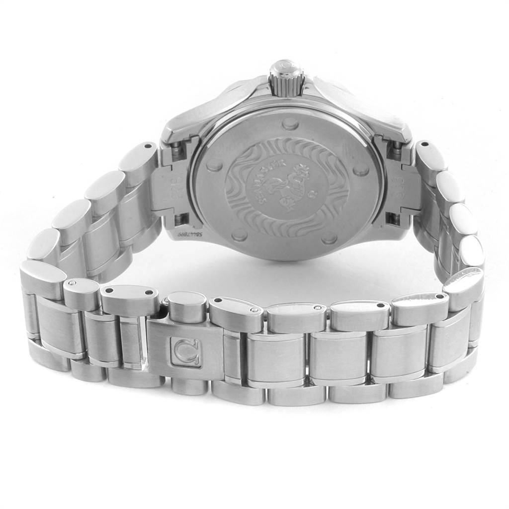 The image shows the back view of the Omega 2282.50.00 Women's Stainless Steel Black Dial 2282.50.00 Women's Stainless Steel Black Dial Seamaster Diver 300M Quartz 28mm Steel Ladies Watch 2282.50.00 including its caseback and bracelet.