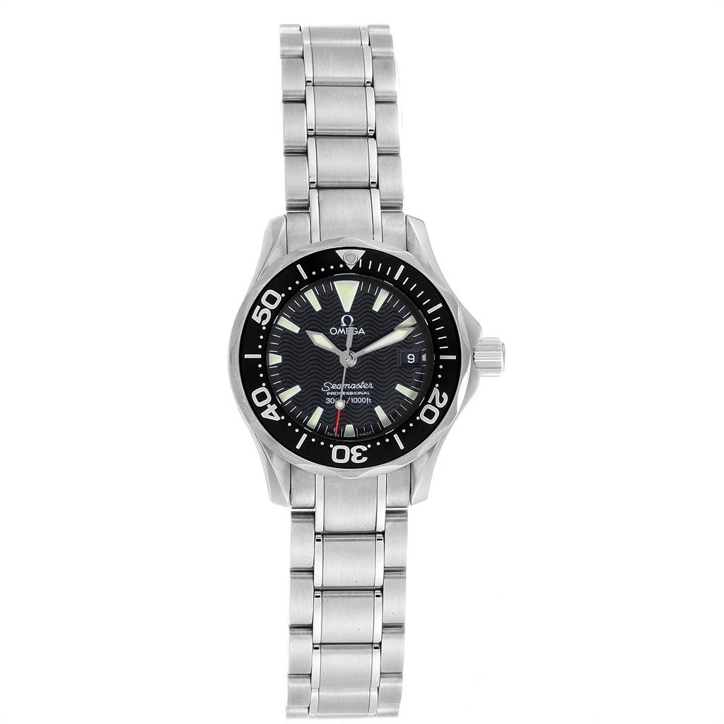 The image shows a front view of the Omega 2282.50.00 Women's Stainless Steel Black Dial 2282.50.00 Women's Stainless Steel Black Dial Seamaster Diver 300M Quartz 28mm Steel Ladies Watch 2282.50.00, highlighting its face and bracelet.