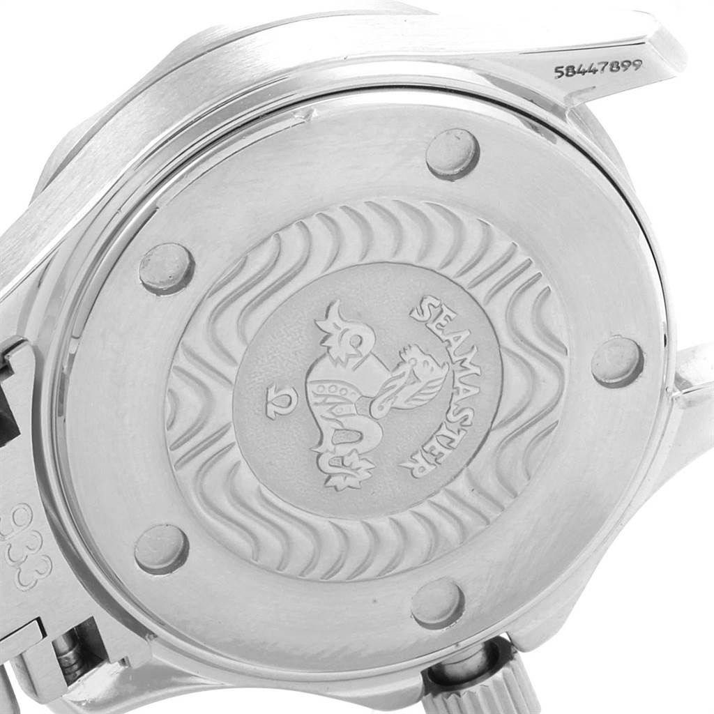 The image shows the back case of the Omega 2282.50.00 Women's Stainless Steel Black Dial 2282.50.00 Women's Stainless Steel Black Dial Seamaster Diver 300M Quartz 28mm Steel Ladies Watch 2282.50.00.