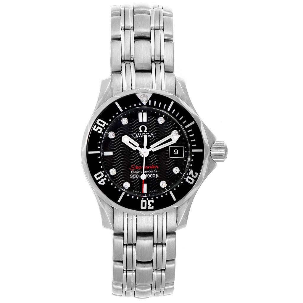 The image shows a front view of the Omega 212.30.28.61.51.001 Women's Stainless Steel Black Dial 212.30.28.61.51.001 Women's Stainless Steel Black Dial Seamaster Black Dial Diamond Ladies Watch 212.30.28.61.51.001.