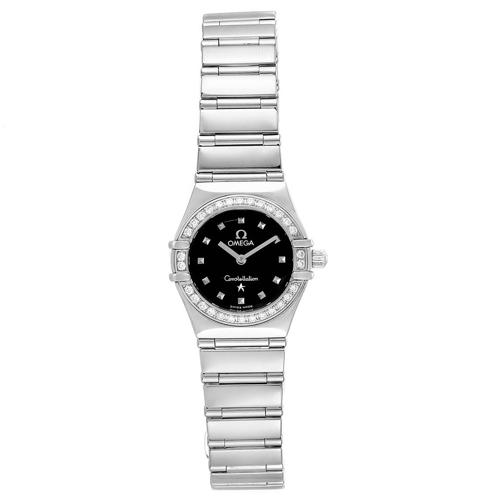 The image shows a front view of the Omega 1465.51.00 Women's Stainless Steel Black Dial 1465.51.00 Women's Stainless Steel Black Dial Constellation My Choice Mini Ladies Diamond Watch 1465.51.00.
