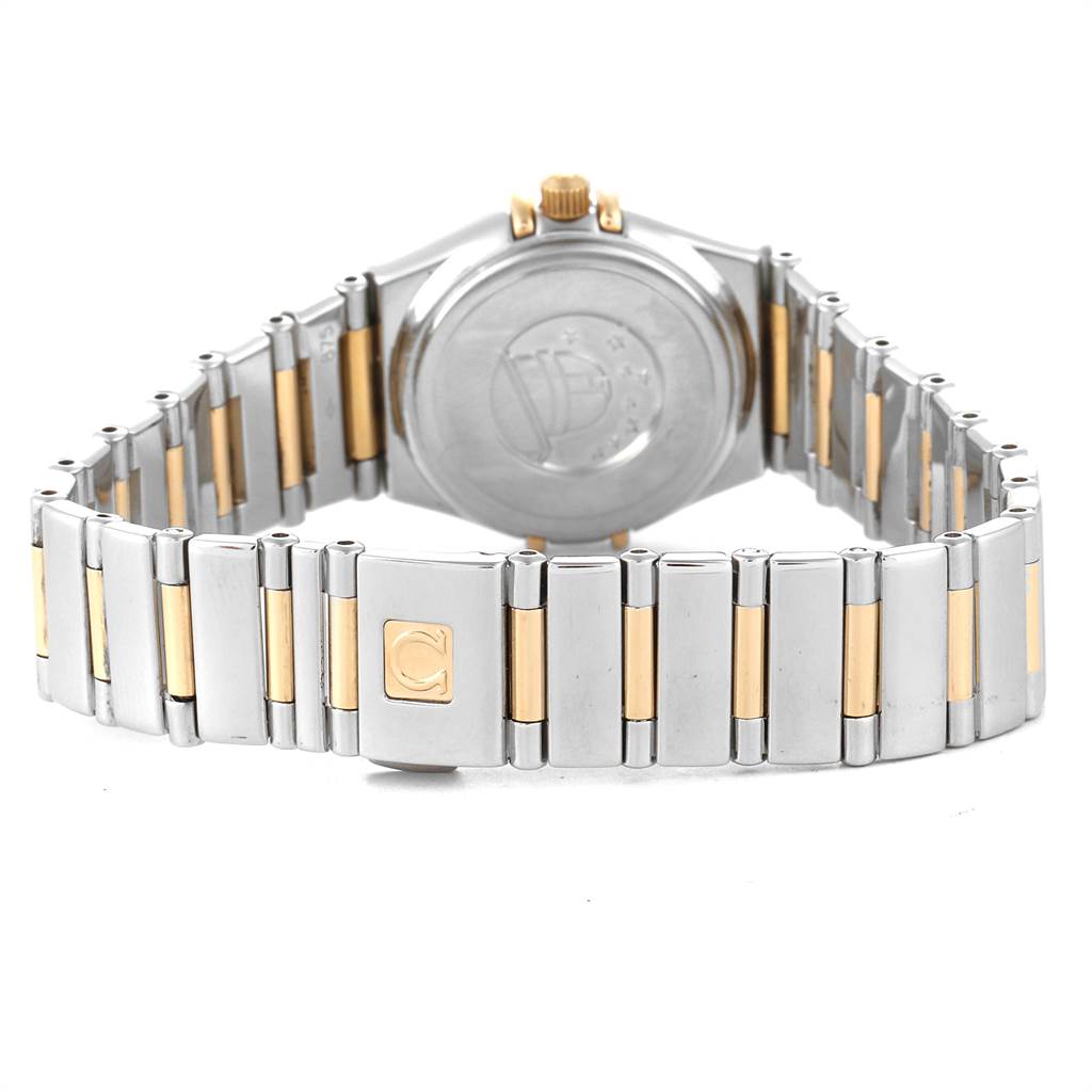 The image shows the back case, crown, and two-tone band of the Omega 1365.71.00 Women's Steel and Gold (two tone) Mother of Pearl Dial 1365.71.00 Women's Steel and Gold (two tone) Mother of Pearl Dial Ladies Constellation Steel Yellow Gold Diamond Mini 1365.71.00.