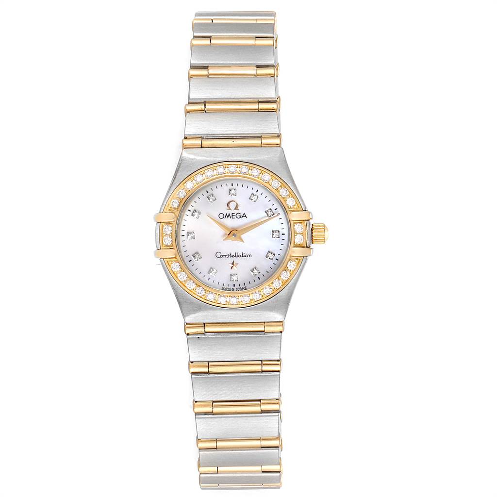 The image shows a top view of an Omega 1267.75.00 Women's Steel and Gold (two tone) Mother of Pearl Dial 1267.75.00 Women's Steel and Gold (two tone) Mother of Pearl Dial Constellation MOP Diamond Ladies Watch, model 1267.75.00.