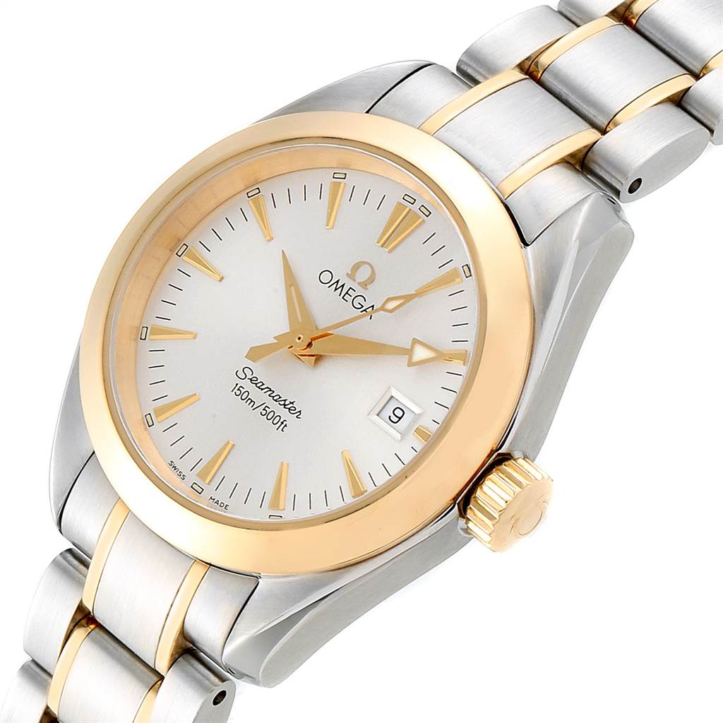 The image shows a close-up of the Omega 2377.30.00 Women's Steel and Gold (two tone) Silver Dial 2377.30.00 Women's Steel and Gold (two tone) Silver Dial Seamaster Aqua Terra Steel Yellow Gold Ladies Watch 2377.30.00 featuring the face, bezel, crown, and part of the bracelet.