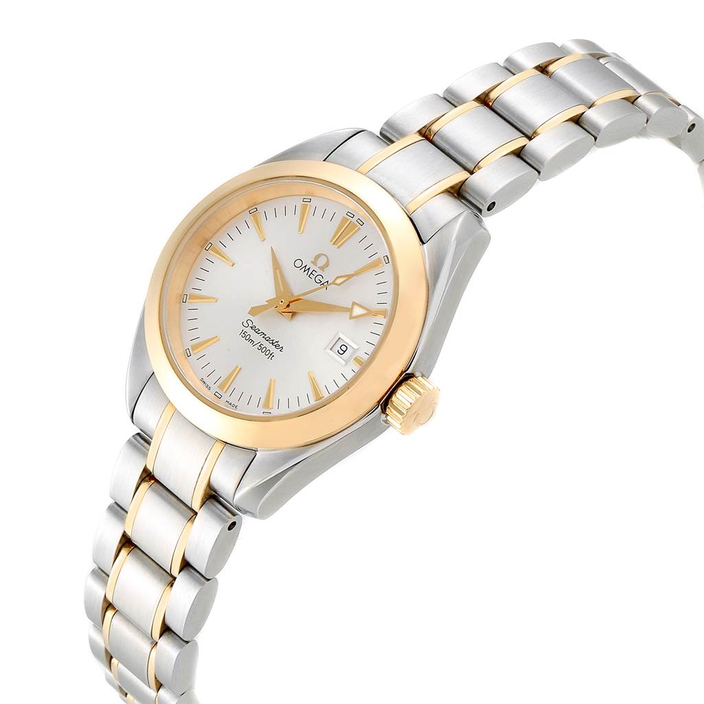 The Omega 2377.30.00 Women's Steel and Gold (two tone) Silver Dial 2377.30.00 Women's Steel and Gold (two tone) Silver Dial Seamaster Aqua Terra Steel Yellow Gold Ladies Watch 2377.30.00 is shown at a slight angle, highlighting the dial, bezel, and bracelet.