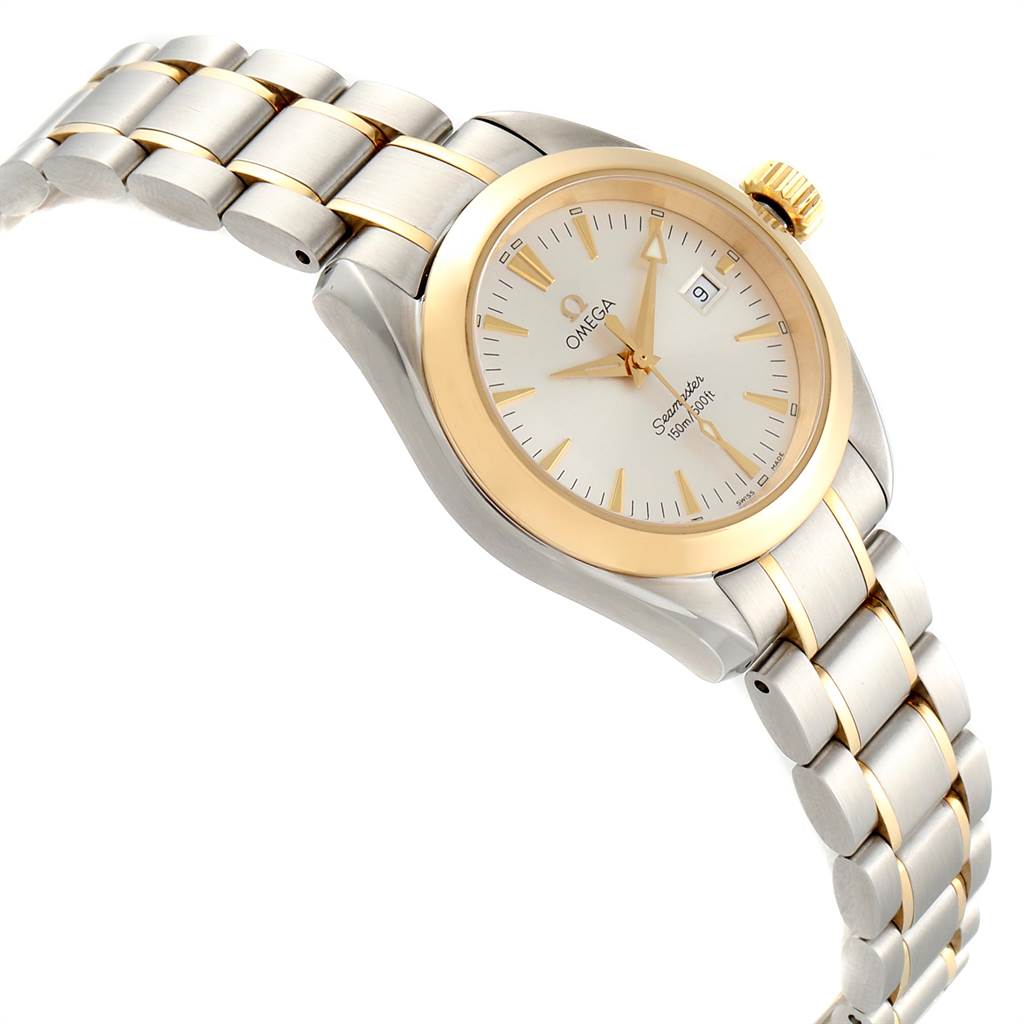 The Omega 2377.30.00 Women's Steel and Gold (two tone) Silver Dial 2377.30.00 Women's Steel and Gold (two tone) Silver Dial Seamaster Aqua Terra 2377.30.00 is shown at an oblique angle, highlighting the steel and yellow gold bracelet and the dial.