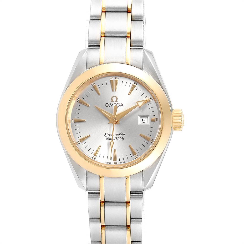 This Omega 2377.30.00 Women's Steel and Gold (two tone) Silver Dial 2377.30.00 Women's Steel and Gold (two tone) Silver Dial Seamaster Aqua Terra Steel Yellow Gold Ladies Watch 2377.30.00 is shown from the front, displaying its dial, bezel, and bracelet.