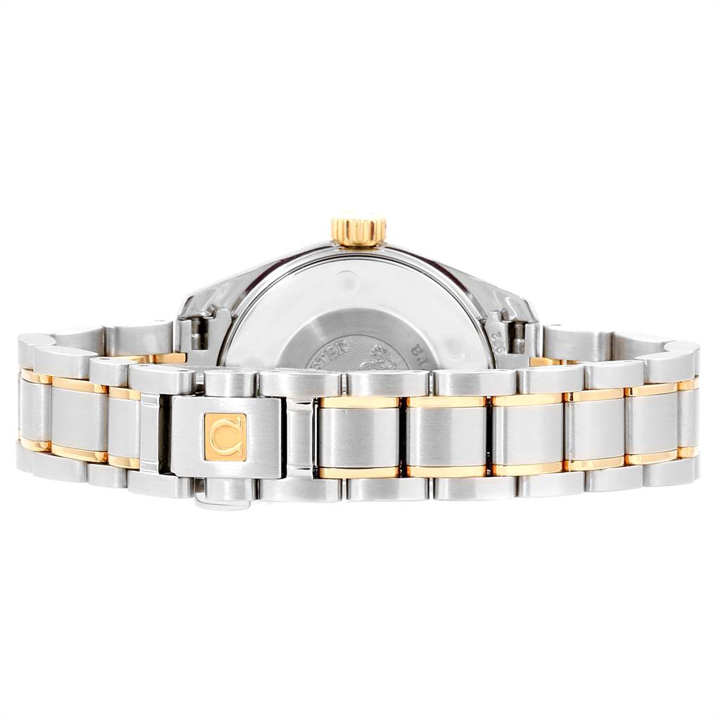 This image shows the back view of the Omega 2377.30.00 Women's Steel and Gold (two tone) Silver Dial 2377.30.00 Women's Steel and Gold (two tone) Silver Dial Seamaster Aqua Terra Steel Yellow Gold Ladies Watch 2377.30.00, highlighting the bracelet and clasp.