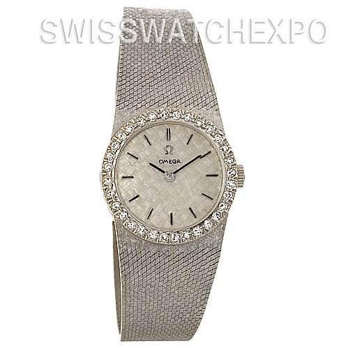 The image shows a front view of the Omega 7816 Women's White Gold Silver Dial 7816 Women's White Gold Silver Dial Vintage Ladies 14k White Gold Diamond Watch, highlighting its dial and diamond-accented bezel.
