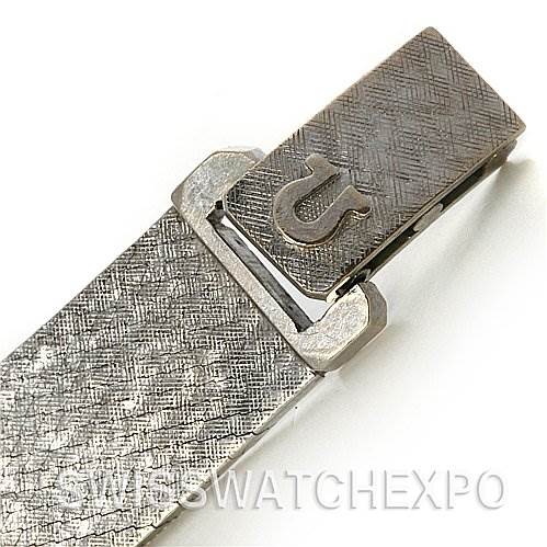 This image shows a close-up of the clasp and part of the band of the Omega 7816 Women's White Gold Silver Dial 7816 Women's White Gold Silver Dial Vintage Ladies 14k White Gold Diamond Watch.