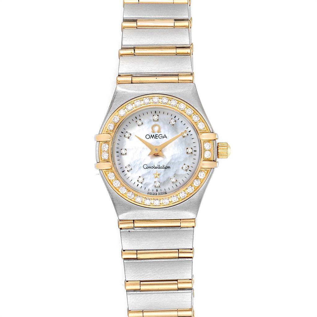 The image shows a frontal view of the Omega 1267.75.00 Women's Steel and Gold (two tone) Mother of Pearl Dial 1267.75.00 Women's Steel and Gold (two tone) Mother of Pearl Dial Constellation Steel Yellow Gold MOP Diamond Ladies Watch model 1267.75.00.