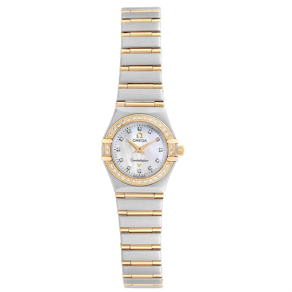 The image shows a front view of the Omega 1267.75.00 Women's Steel and Gold (two tone) Mother of Pearl Dial 1267.75.00 Women's Steel and Gold (two tone) Mother of Pearl Dial Constellation 22 Mother of Pearl Diamond Ladies Watch 1267.75.00, including its face and full bracelet.