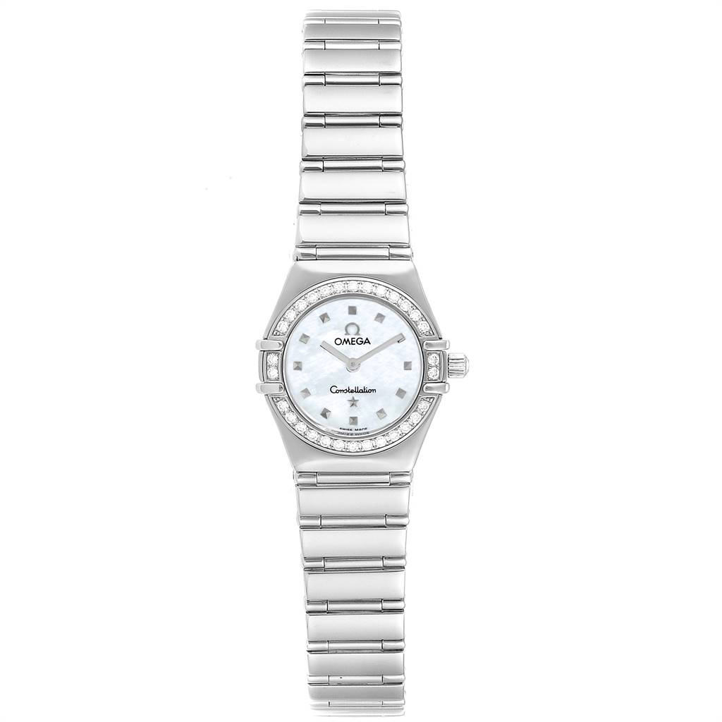 The image shows a front view of the Omega 1465.71.00 Women's Stainless Steel Mother of Pearl Dial 1465.71.00 Women's Stainless Steel Mother of Pearl Dial Constellation My Choice Mini Diamond Steel Watch 1465.71.00, highlighting the face and bracelet.